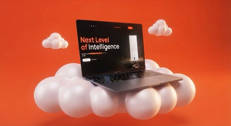 3dopenwebsite.com homepage open on a laptop floating on white clouds against an orange sky